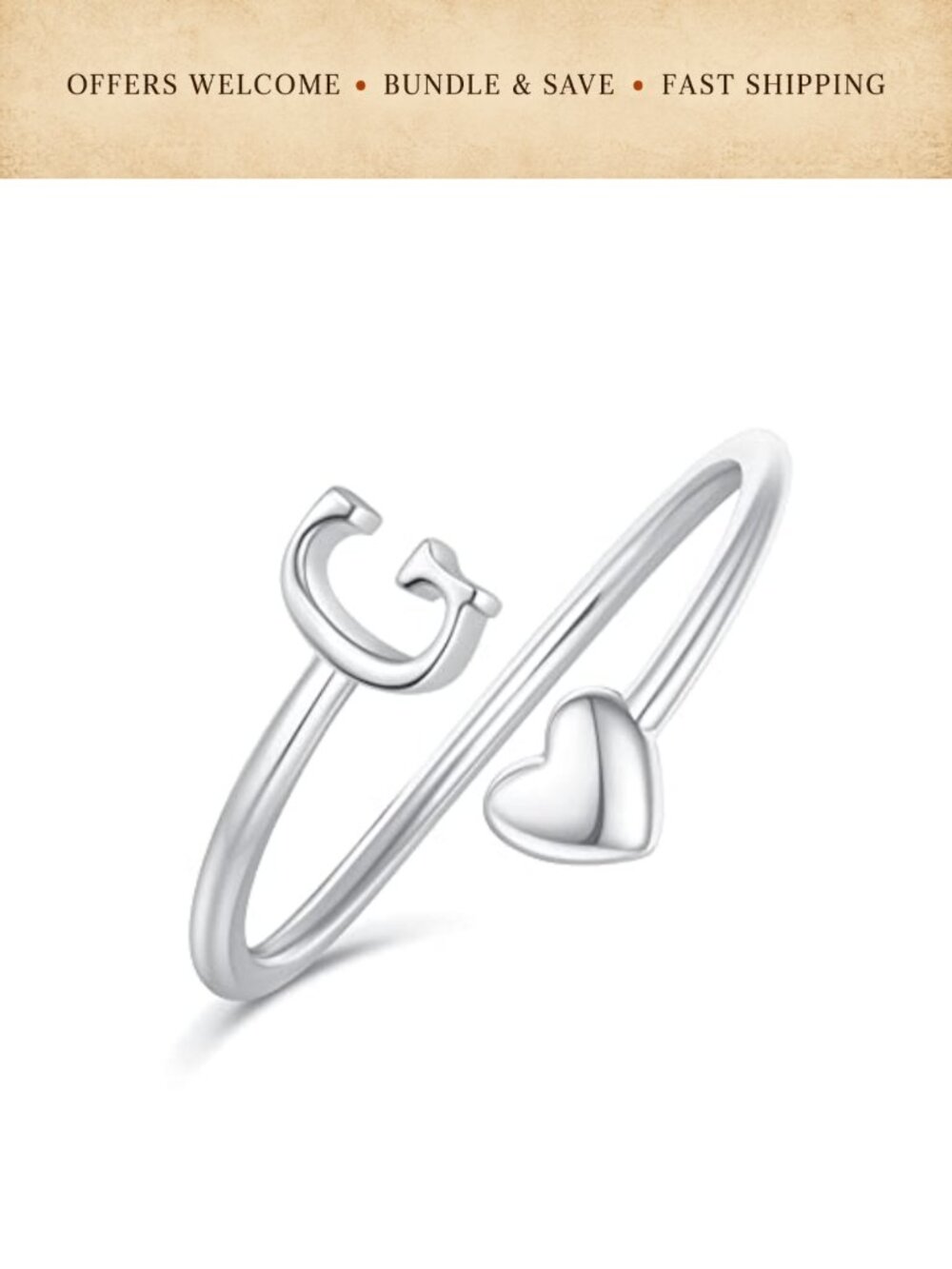 Heart Initial Ring 14K Gold Plated Adjustable - Women's Jewelry